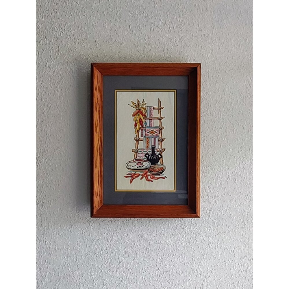 Vintage 1995 Completed Cross Stitch Native American Southwest Frame Wall Hanging